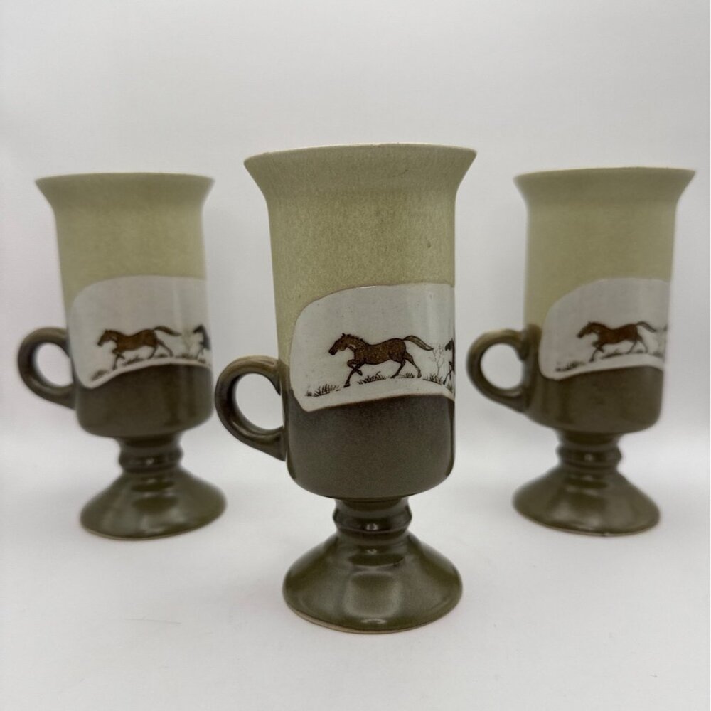 Vtg Otagiri Stoneware Irish Coffee 3 Mugs Pedestal Running Horses Japan 5.5 in T